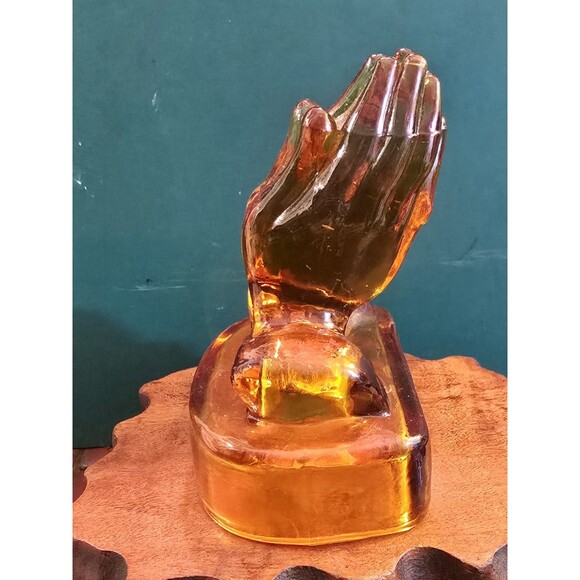 Vintage Kanawha Praying Hands Amberina UV Reactive Glass Paperweight 5"x4"x3" - Picture 12 of 14